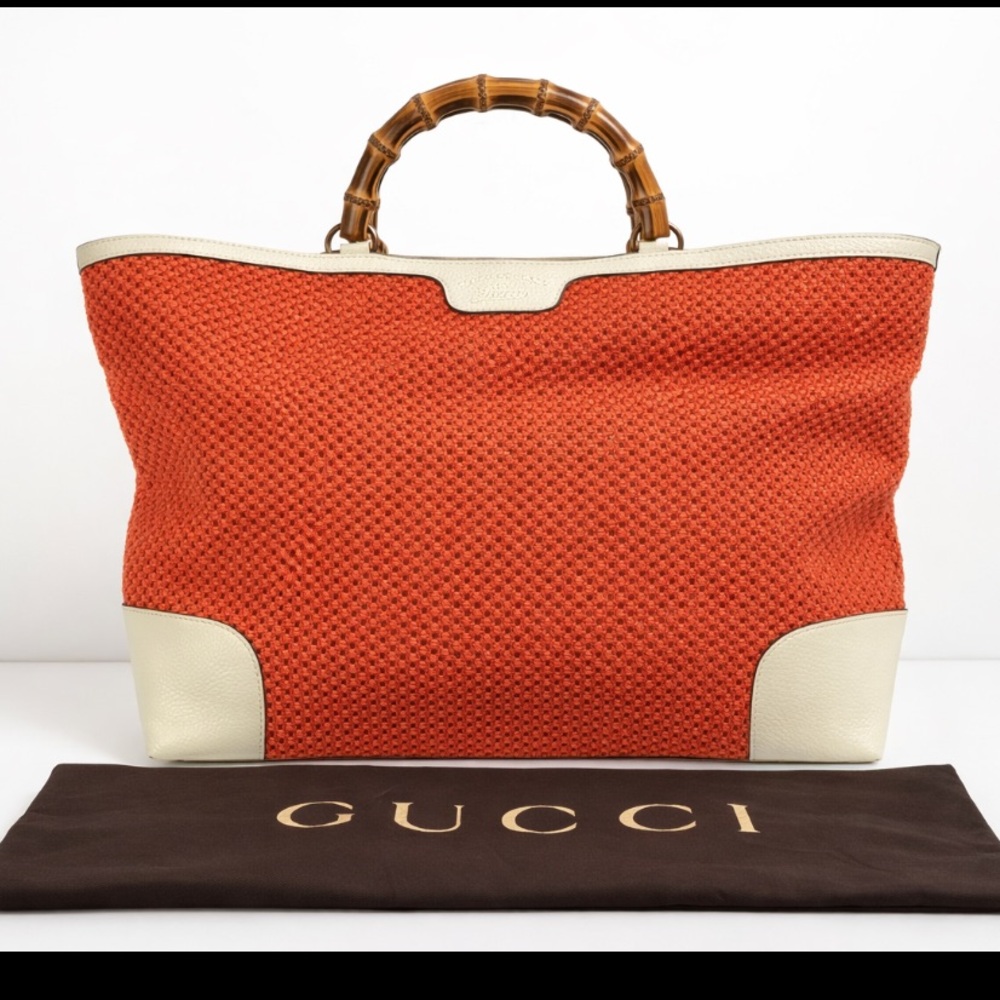 Gucci Coral Raffia Ivory Leather Bamboo Tote Bag